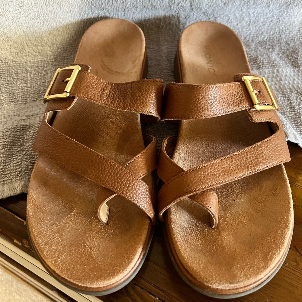 Vionic Carmella Brown Sandals with Gold Buckles